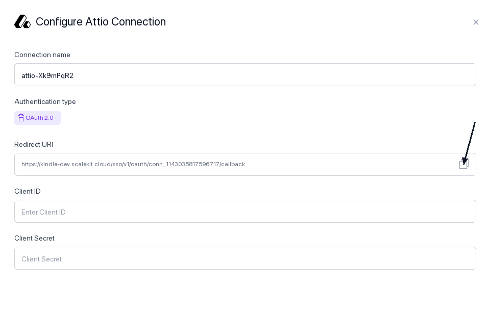 Scalekit AgentKit showing the Redirect URI for the Attio connection